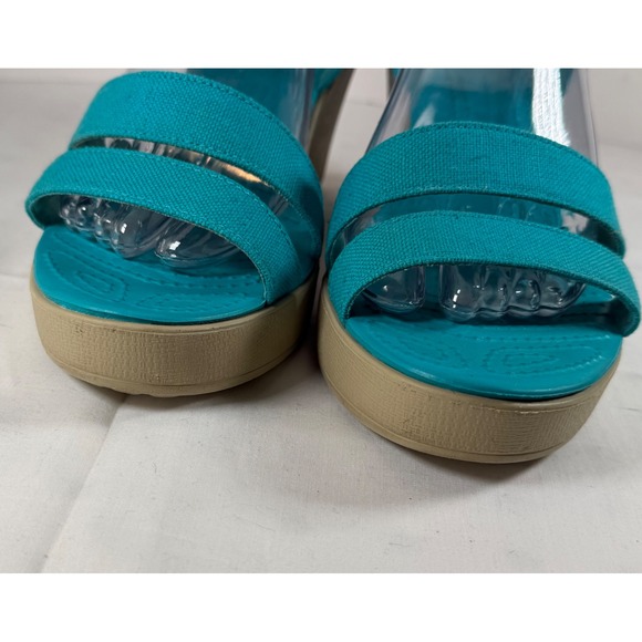 Crocs Leigh II Ankle Strap Wedge Sandals Turquoise Blue Canvas Womens Size 9 - Picture 3 of 7